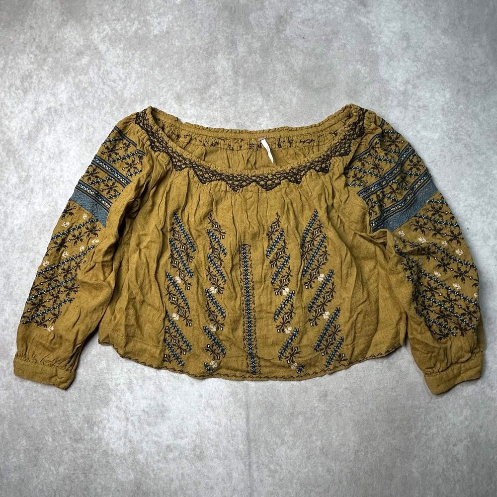Free People All I Need Off the Shoulder Embroidered Boho Peasant Blouse To